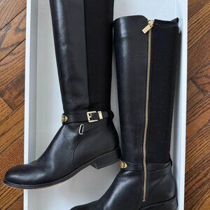 Michael Kors Black Leather Heeled Boots with Gold Accents